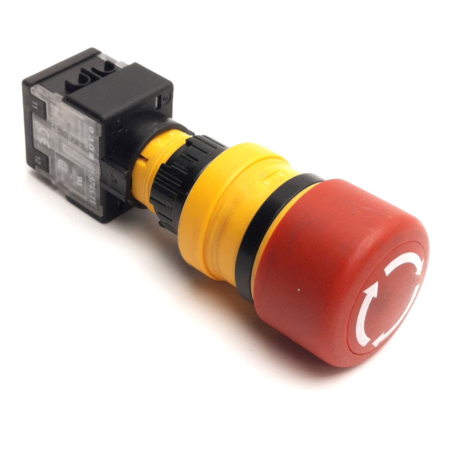 Used EAO 61-3440.4/1 E-Stop Button, With 61-8745.11 N.C. Contact Block, 10A 320V