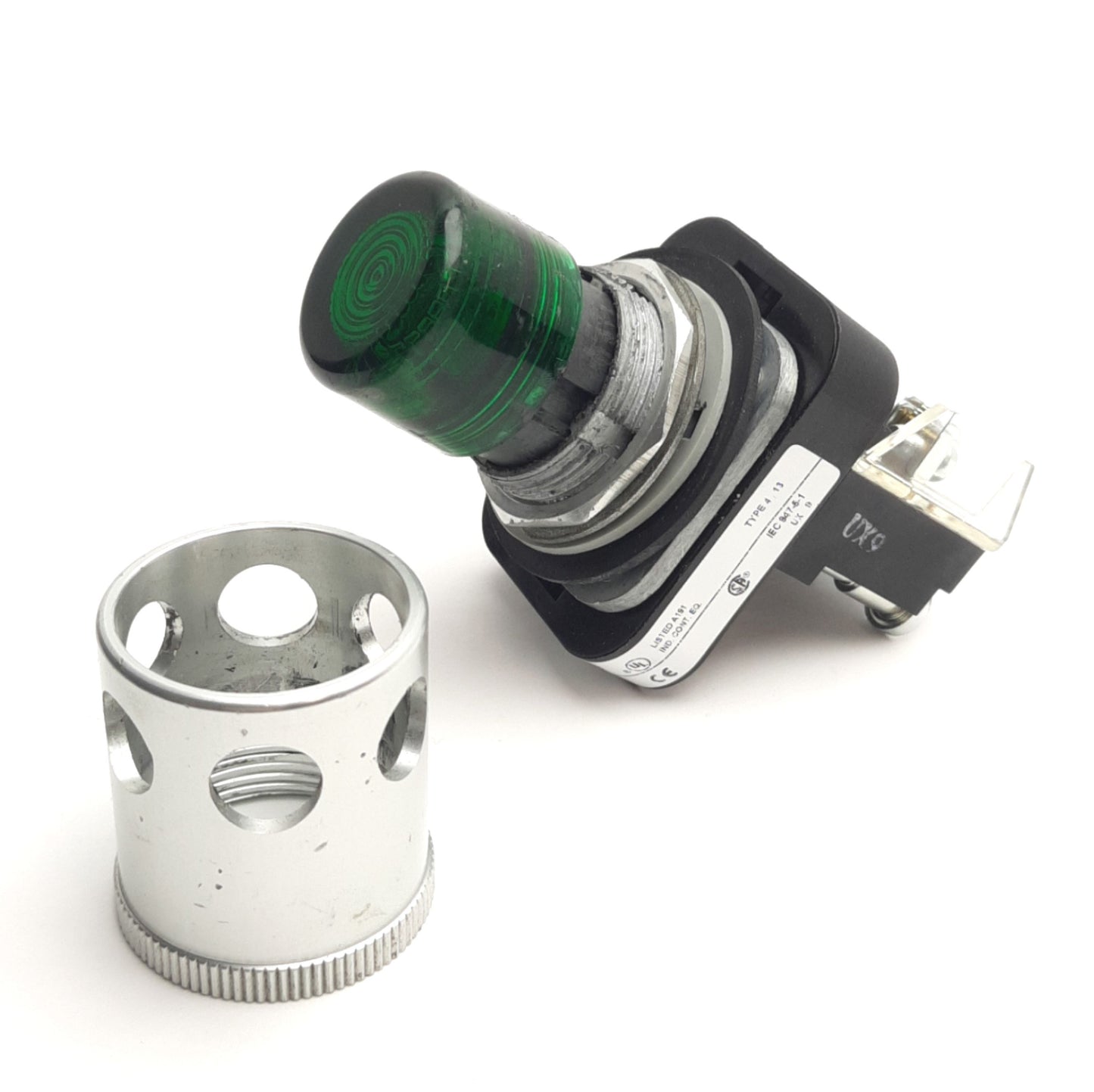 Used Allen Bradley 800T-QA24G Pushbutton W/ Guard & 800T-XA Contact, Green, 24V AC/DC