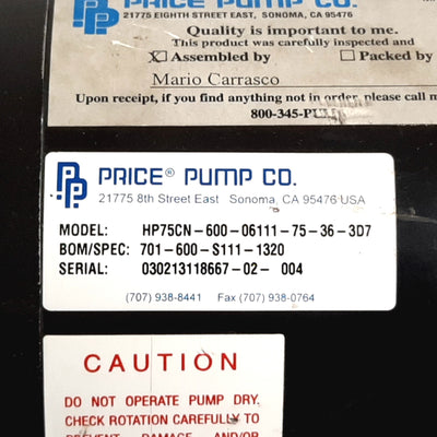 Used Price Pump HP75CN-600-06111-75-36-3D7 Centrifugal Pump, CPVC, 20GPM, 3/4" NPT