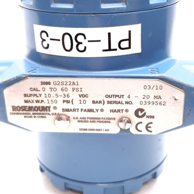 Used Rosemount G2S22A1 Pressure Transmitter, 0-60psi to 4-20mA, 1/2" NPT, 10.5-36VDC