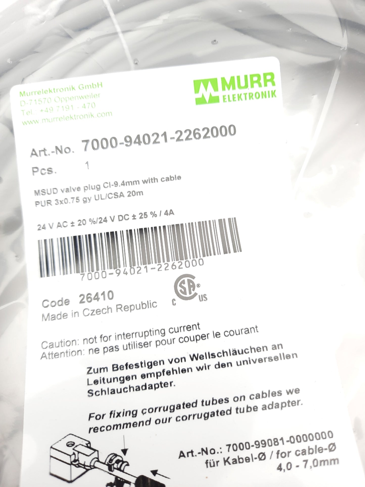 New Murr 7000-94021-2262000 MSUD Valve Plug CI-9.4mm Cordset 24VAC/VDC 4A, 20m