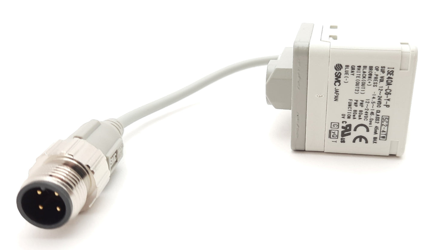 New SMC ISE40A-C6-Y-P-X531 Pressure Switch 12-24VDC 45mA, -14.5-145PSI PNP M12 4 Pin
