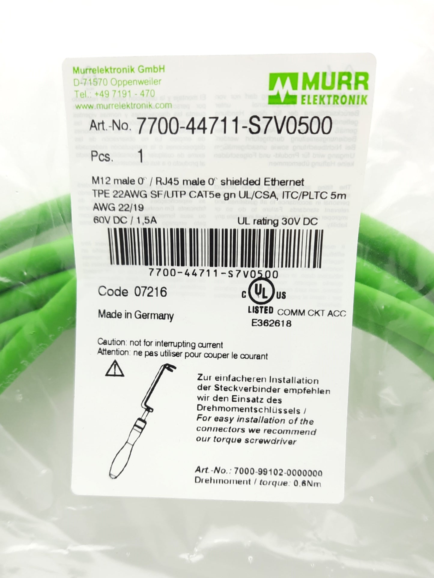 New Murr 7700-44711-S7V0500 Cordset 60VDC 1.5A, M12 4 Pin Male to RJ45 Male, 5m