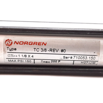 Used Norgren TC-3/8-1 1/8X4 Air Cylinder, Bore: 1.125", Stroke: 4", 150psi, 1/8" NPT