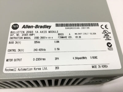 Used Allen Bradley 2093-AMP1 Kinetix 2000 Axis Servo Drive 1A Inverter 230VAC 3PH