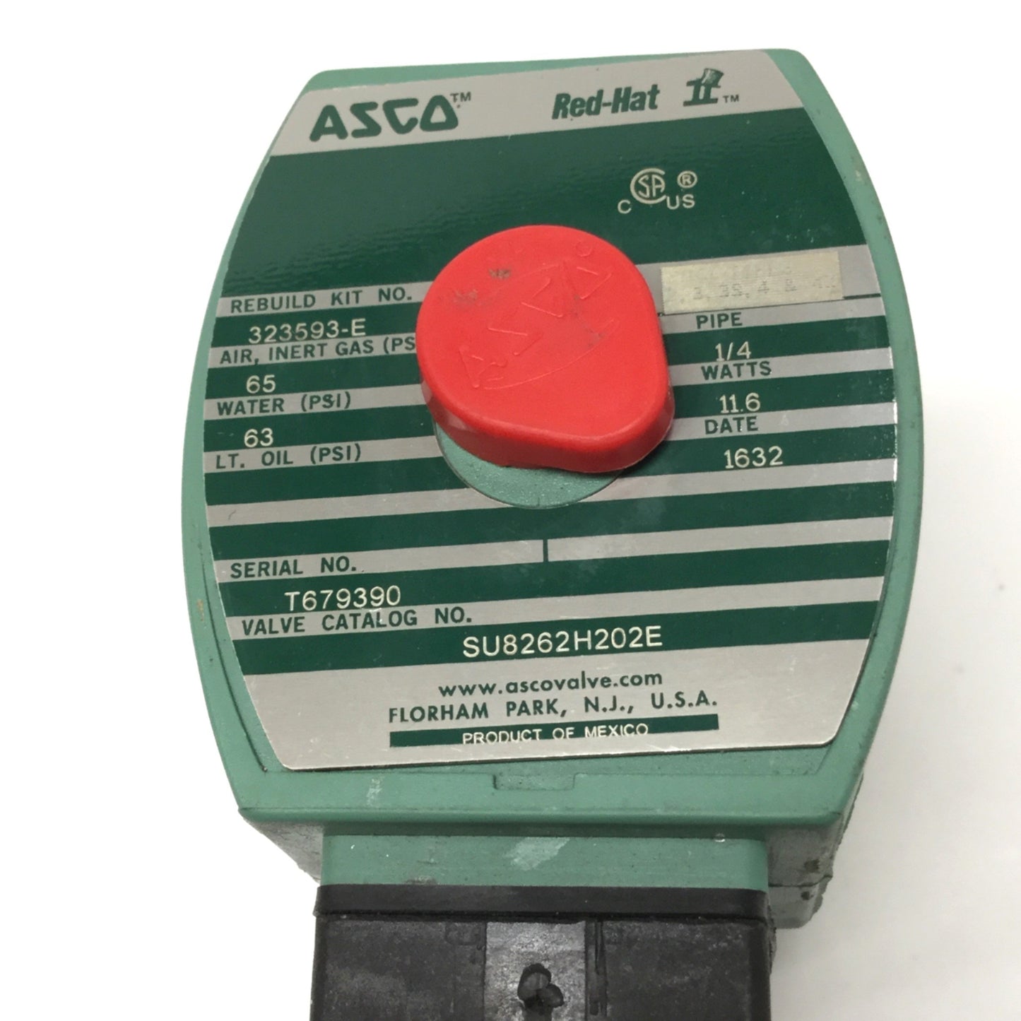 Used ASCO SU8262H202E Red-Hat II Brass Solenoid Valve 1/4" NPT, 2-Way NC, 24VDC Coil
