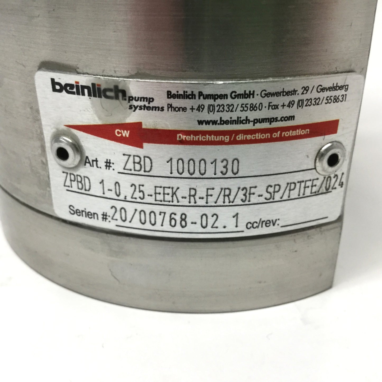 Used Beinlich ZPBD 1-0.25 Stainless Steel Dosing External Gear Pump 0.3cc/rev, G 1/2"