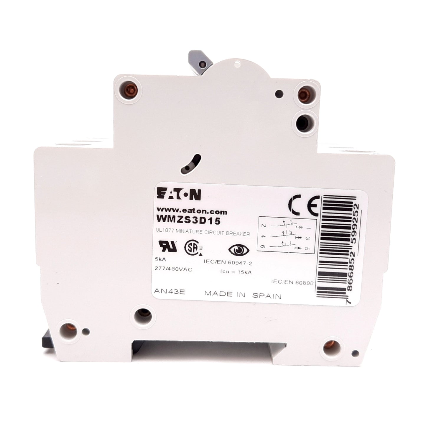 Used Eaton WMZS3D15 Circuit Breaker, 3-Pole, D-Curve, Rating: 15A 277/480VAC
