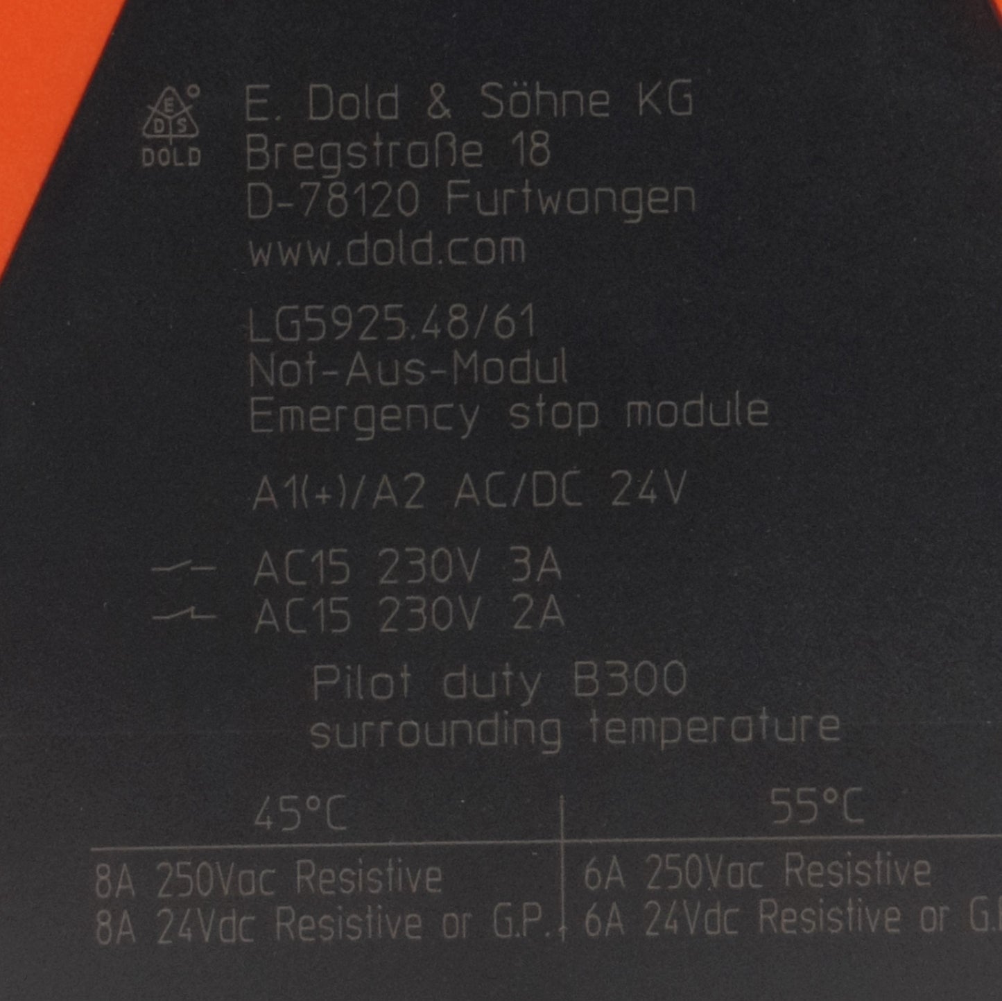 Used Dold LG5925-48-61-24 E-Stop Safety Relay 3NO 1NC, 230V AC 3A, 24V AC/DC Coil
