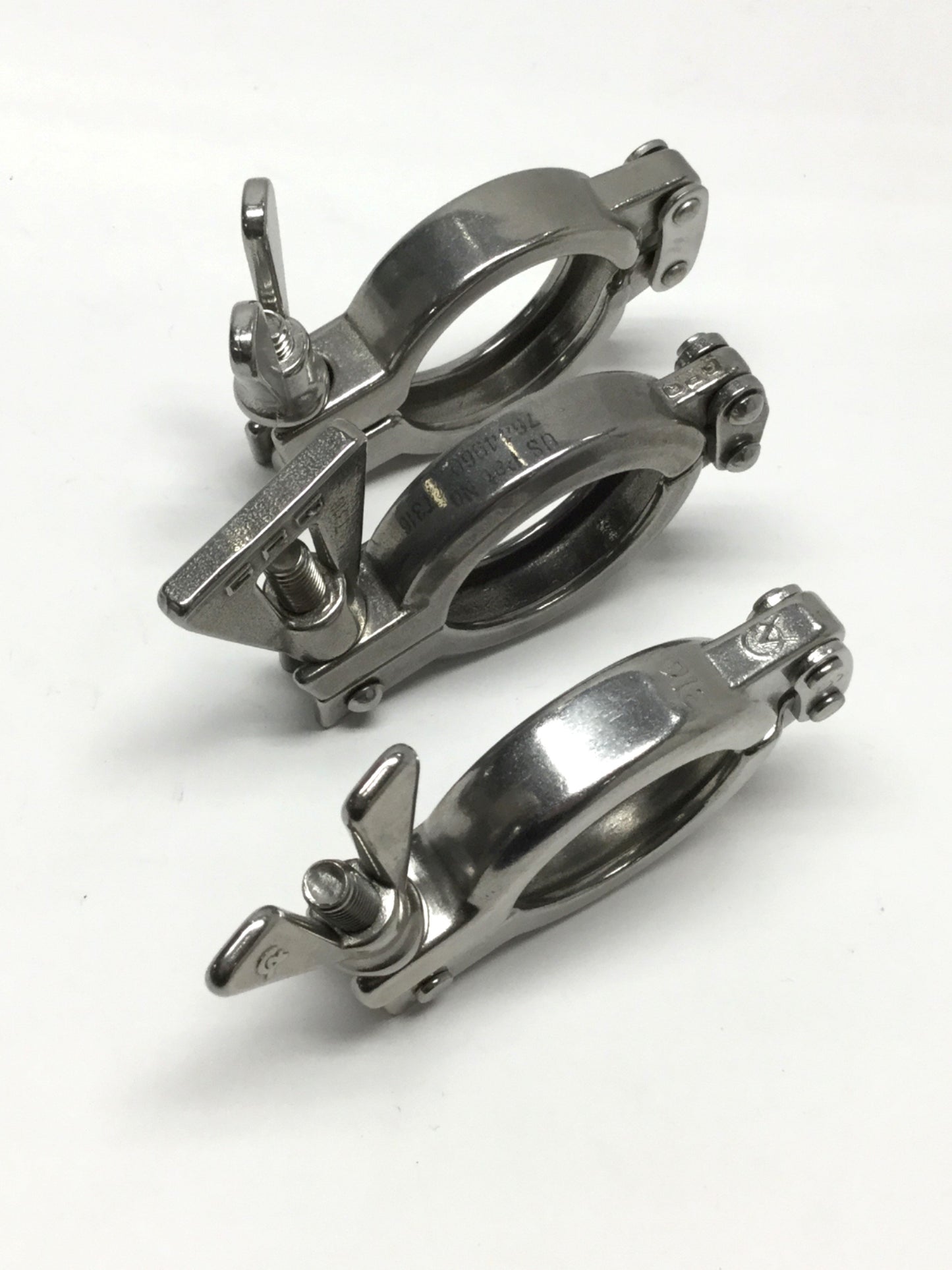 Used Lot of 3 Stainless Steel Double Pin Hinged Sanitary Tri-Clamp Fittings 1.5"