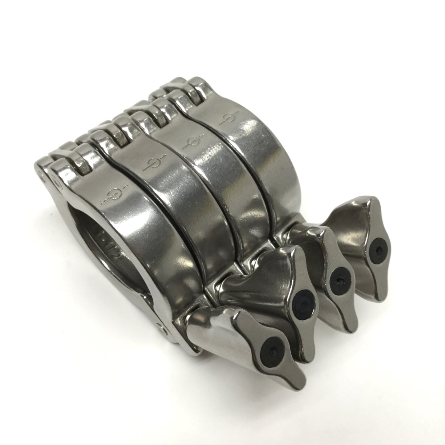 Used Lot of 4 Stainless Steel Double Pin Hinged Sanitary Tri-Clamp Fittings 1.5"