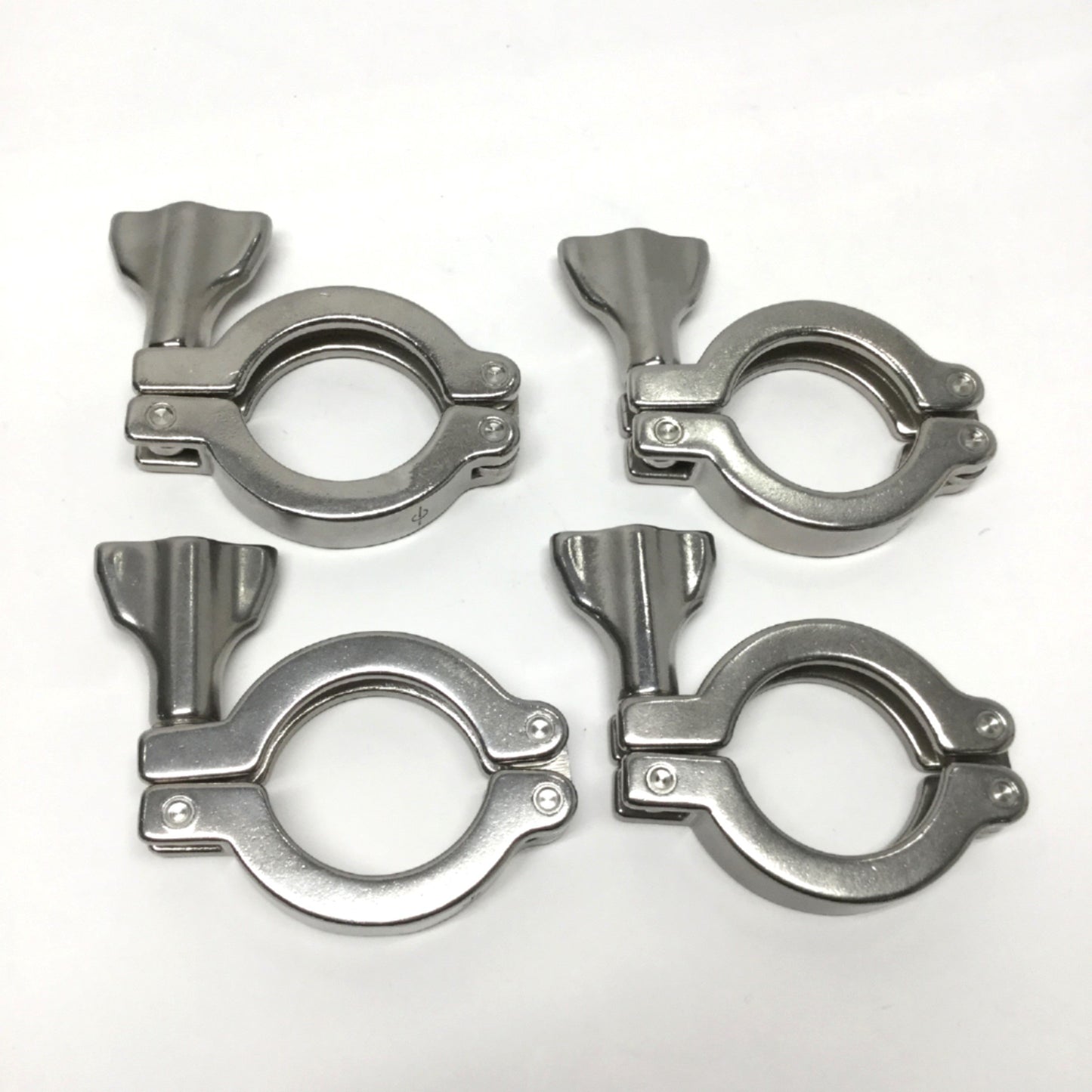Used Lot of 4 Stainless Steel Double Pin Hinged Sanitary Tri-Clamp Fittings 1.5"