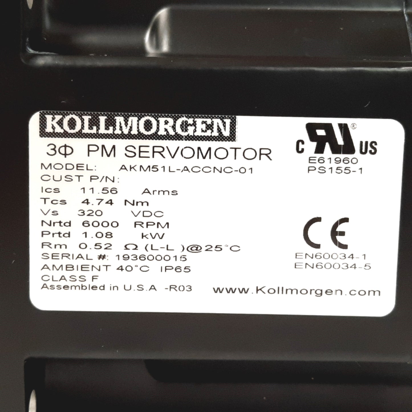 New Kollmorgen AKM51L-ACCNC-01 Servo Motor, 1.08kW, 320VDC, 6000RPM, Shaft: 24mm