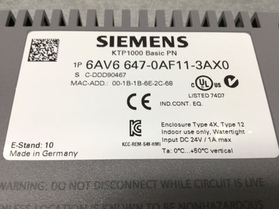 Used Siemens 6AV6 647-0AF11-3AX0 KTP1000 SIMATIC 10" Touchscreen Profinet HMI Panel