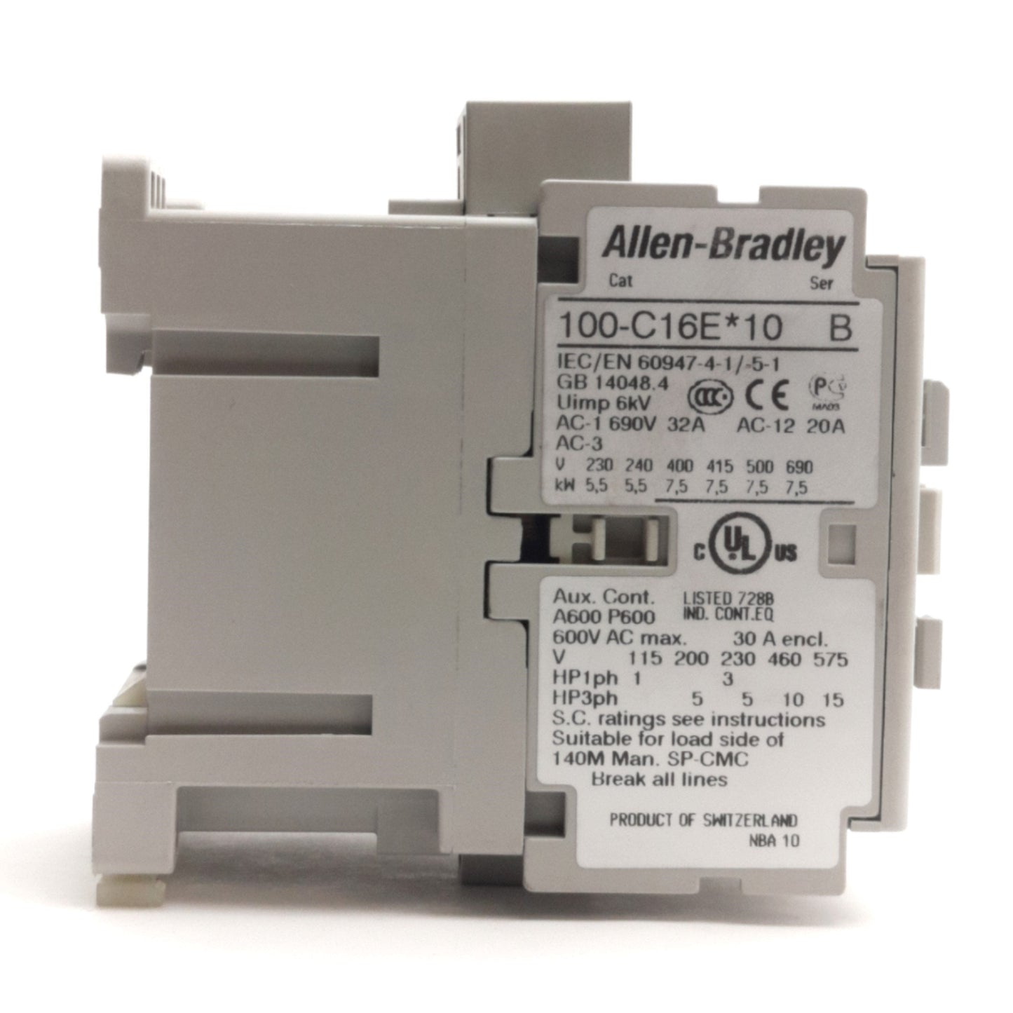 Used Allen Bradley 100-C16EJ10 IEC Contactor, 3-Poles, 1NO, 16A, 10HP @ 460V AC