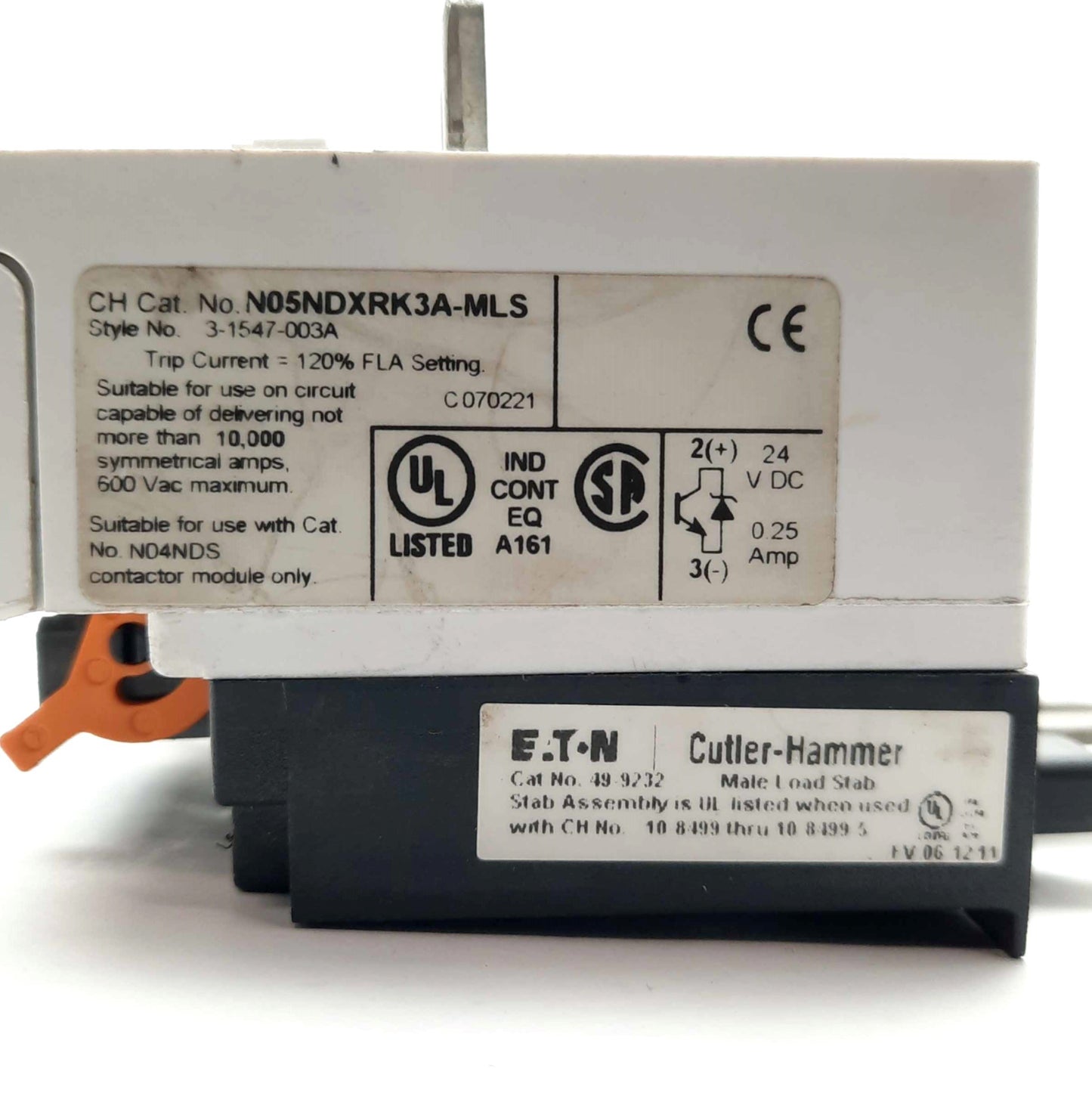 Used EATON Cutler-Hammer N05NDXRK3A-MLS NEMA Overload Relay 14-45A 600V 24VDC w/Stab
