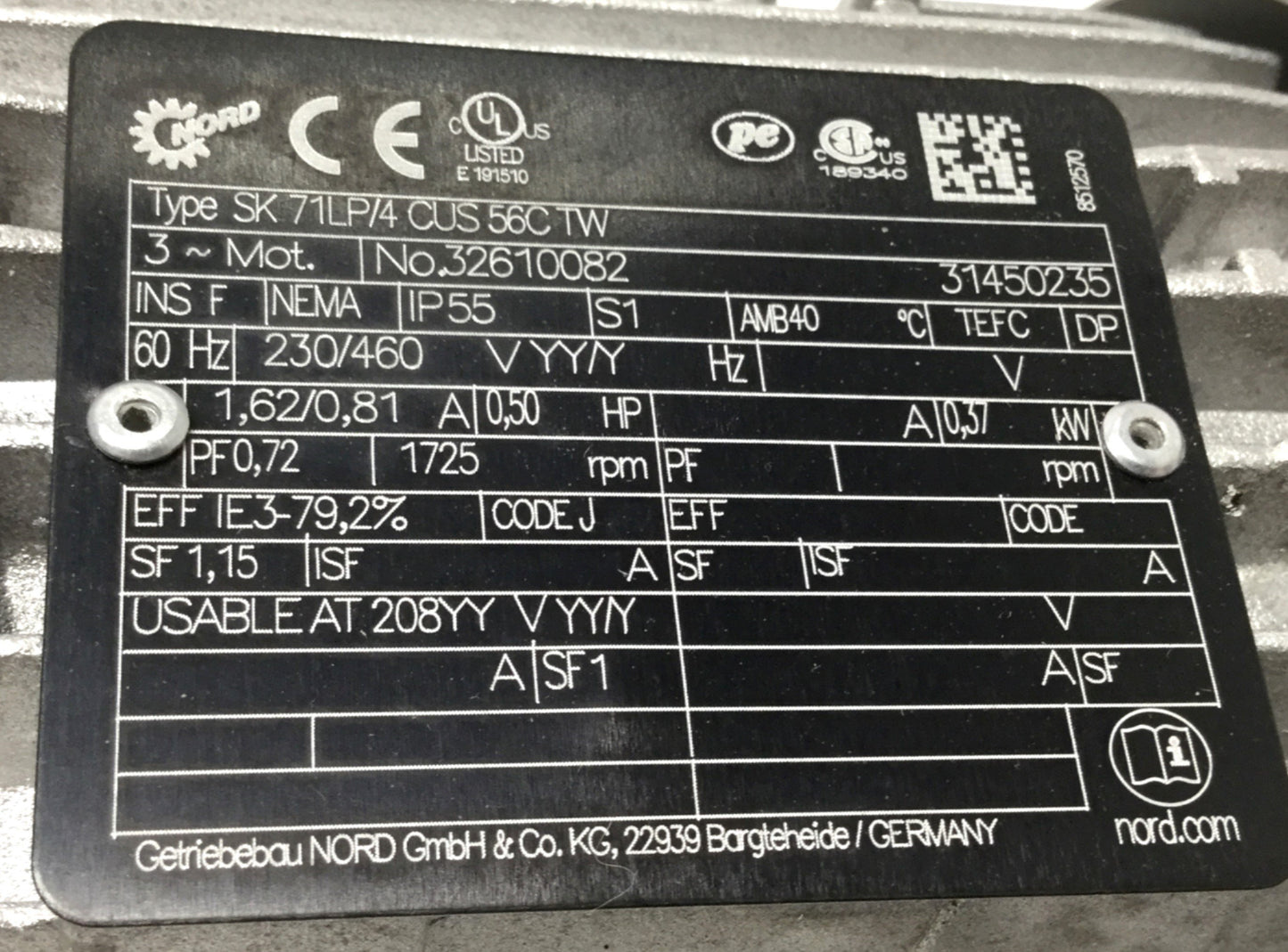 Used Nord SK371.1XZ N56C-71LP/4 Gear Motor 1/2HP, 100in-lb, 5.5:1, 314RPM, 230/460VAC