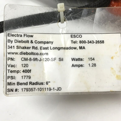 Used Diebolt CM-8 Heated Convoluted Stainless Hose 9ft, 120VAC 154W, 400°F, 1779psi