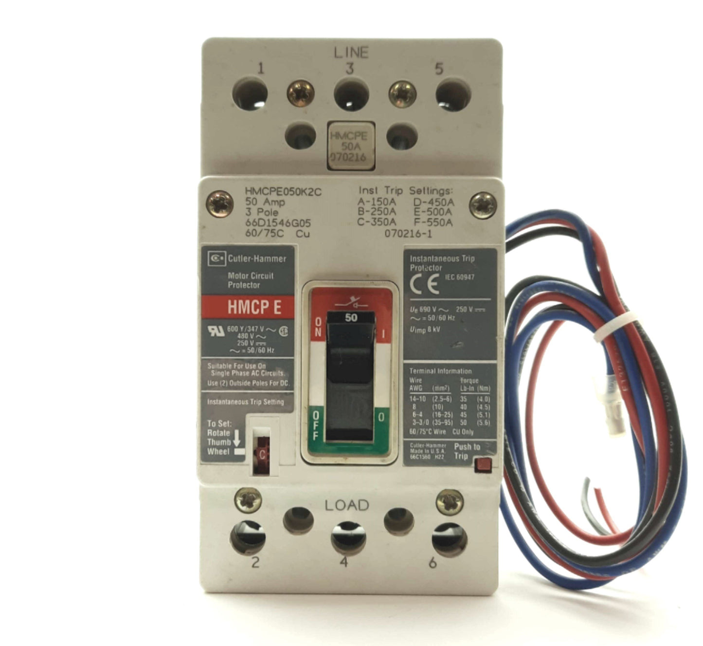 Used EATON Cutler-Hammer HMCPE050K2CB3 Circuit Breaker, 3-Pole, 50A 480V w/Alarm