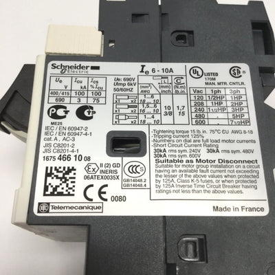 Used Schneider GV2ME14 TeSys 3-Pole Manual Motor Starter Circuit Breaker 6-10A