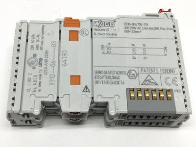 Used Lot of 2 Wago 750-513 Relay Output Modules, 2-Channel NO, 250VAC, 2A, DIN Mount