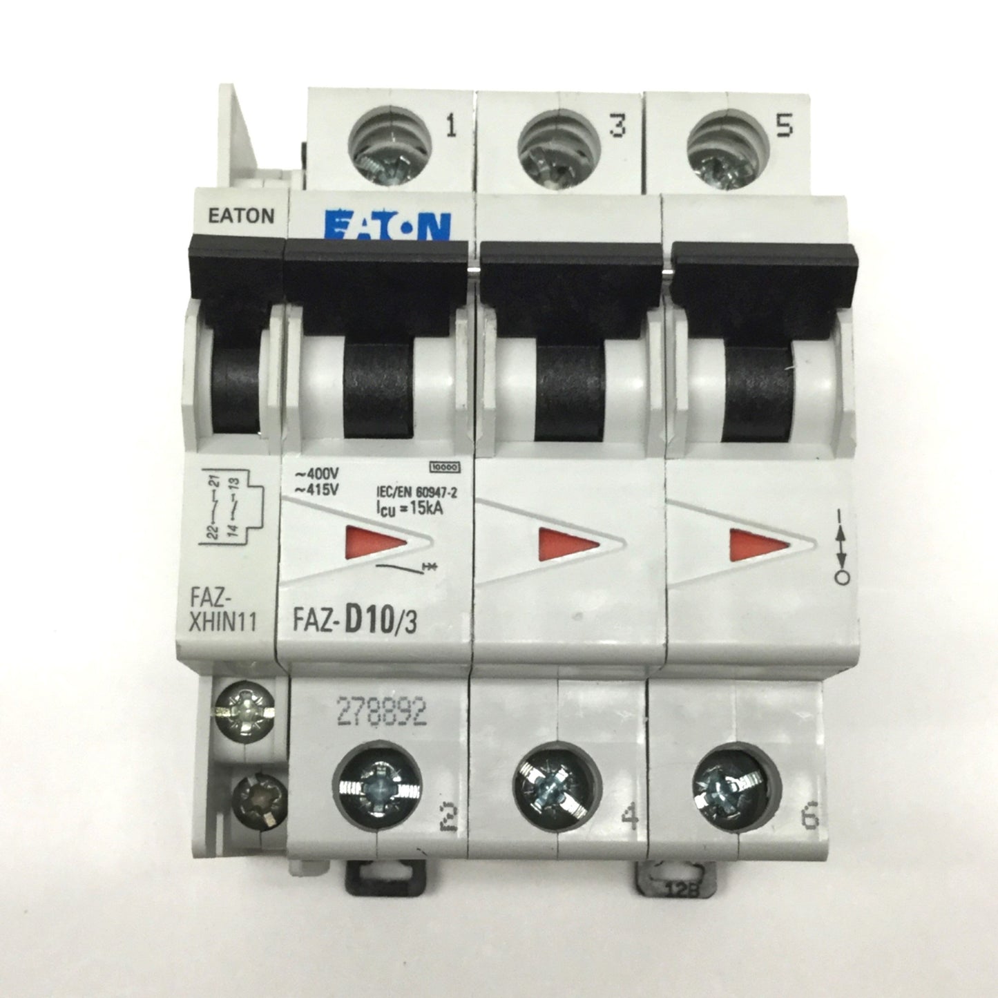 Used Eaton FAZ-D10/3 Circuit Breaker 3-Pole 10A 415VAC w/Aux Contact 1NO-1NC 6A