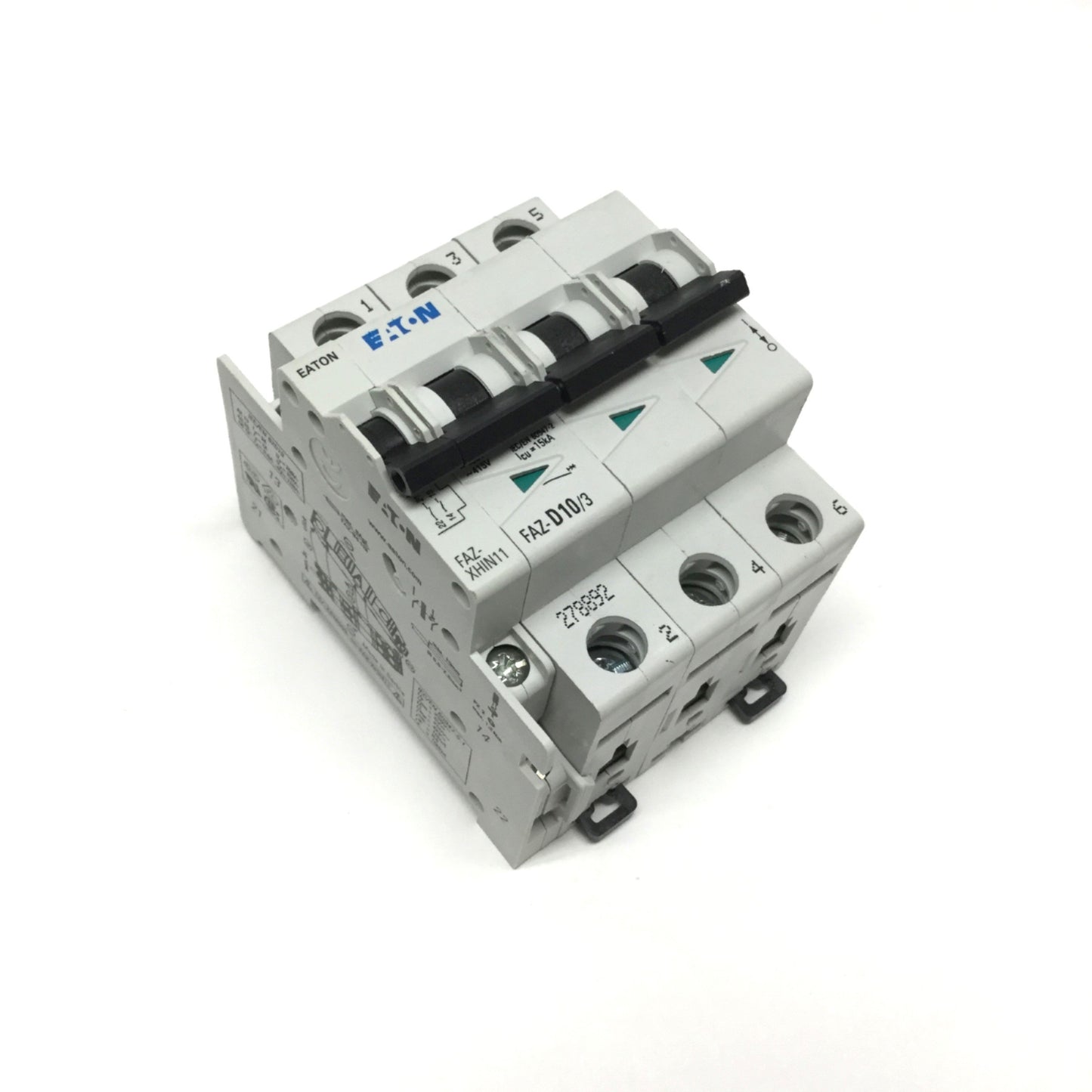Used Eaton FAZ-D10/3 Circuit Breaker 3-Pole 10A 415VAC w/Aux Contact 1NO-1NC 6A