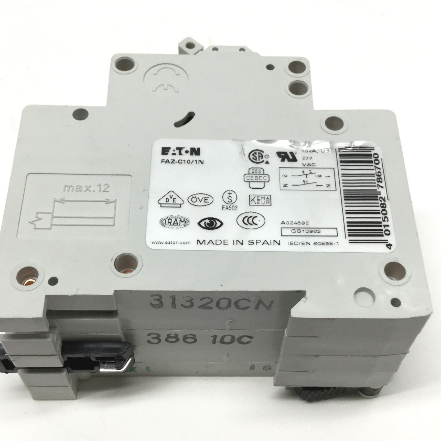 Used Eaton FAZ-C10/1N Circuit Breaker 1-Pole + N, 10A 240VAC w/Aux Contact 1NO-1NC