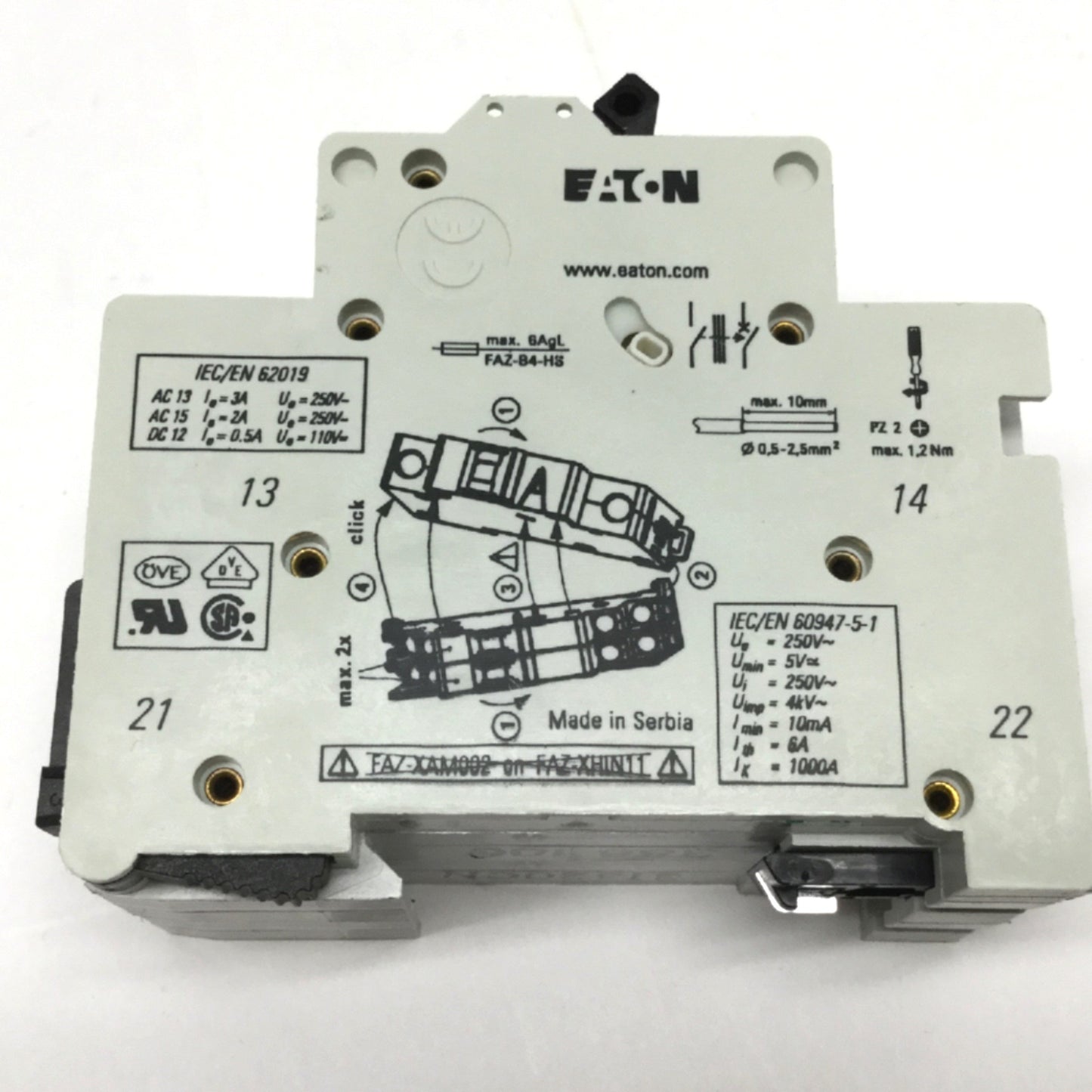 Used Eaton FAZ-C10/1N Circuit Breaker 1-Pole + N, 10A 240VAC w/Aux Contact 1NO-1NC