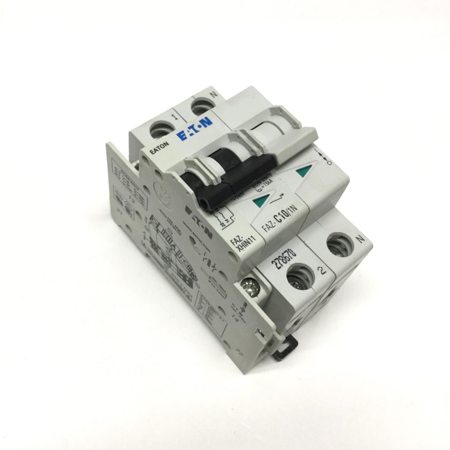 Used Eaton FAZ-C10/1N Circuit Breaker 1-Pole + N, 10A 240VAC w/Aux Contact 1NO-1NC