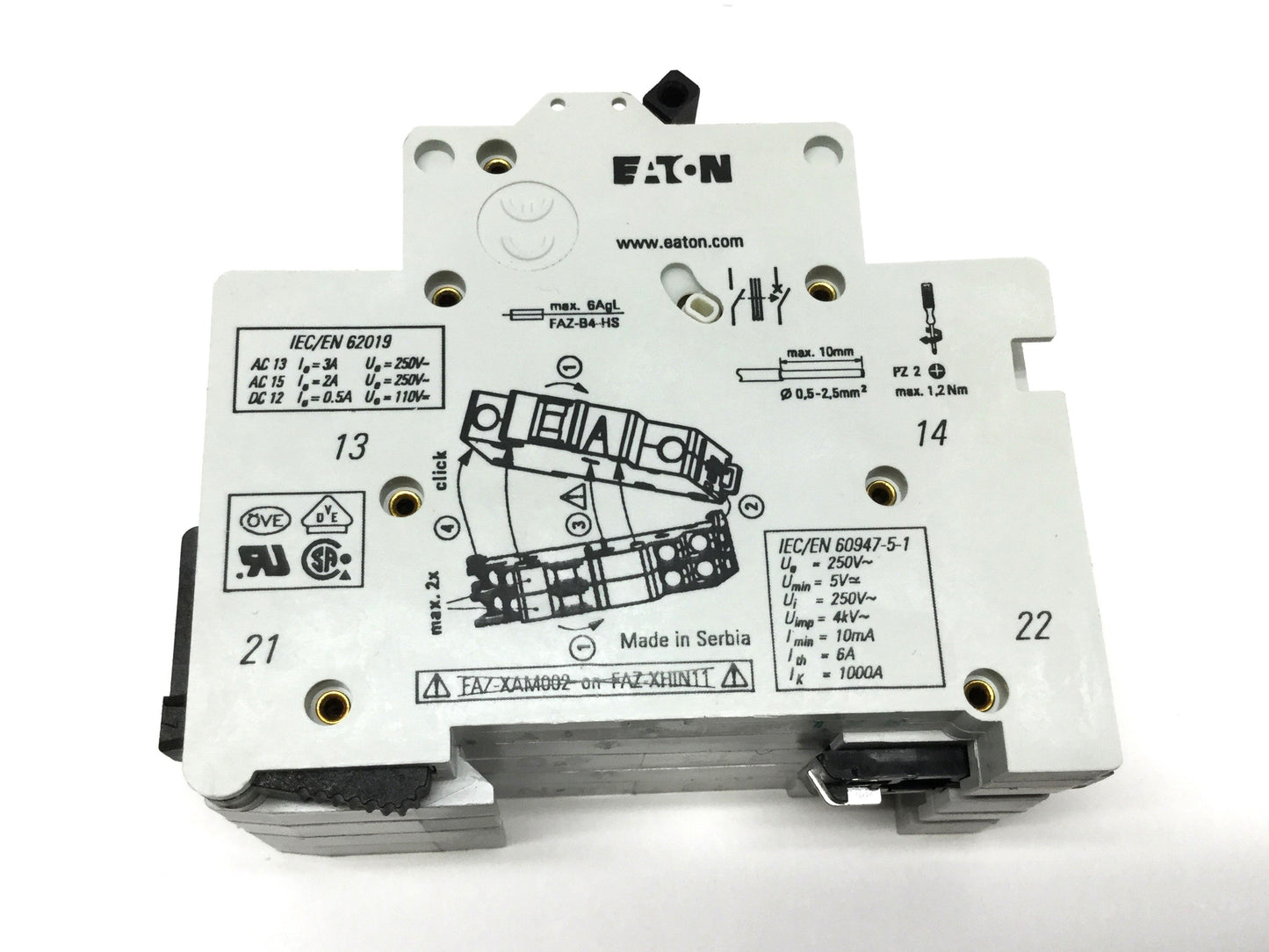 Used Eaton FAZ-C4/1N Circuit Breaker 1-Pole +Neutral, 4A 240VAC w/Aux Contact 1NO-1NC