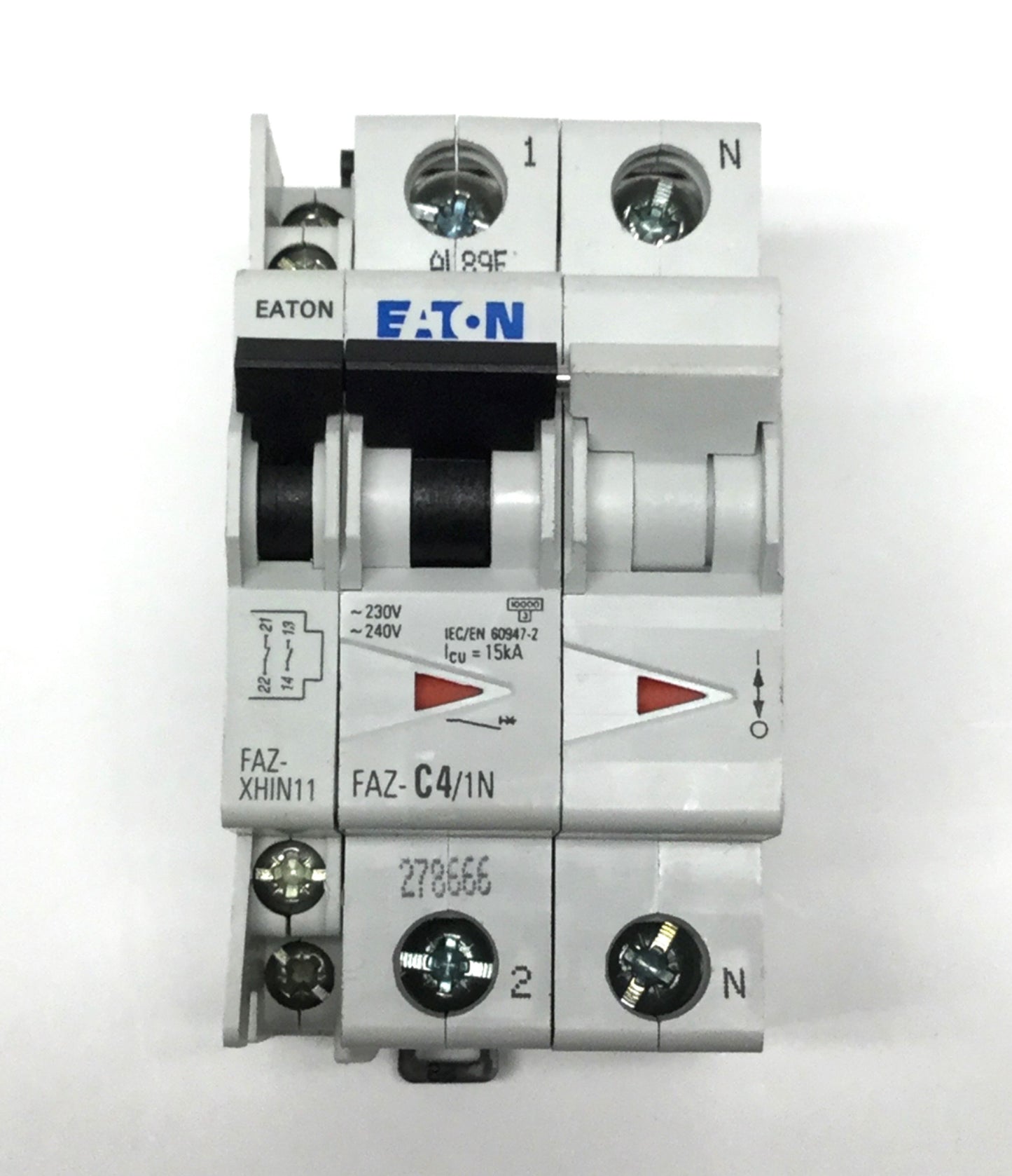Used Eaton FAZ-C4/1N Circuit Breaker 1-Pole +Neutral, 4A 240VAC w/Aux Contact 1NO-1NC