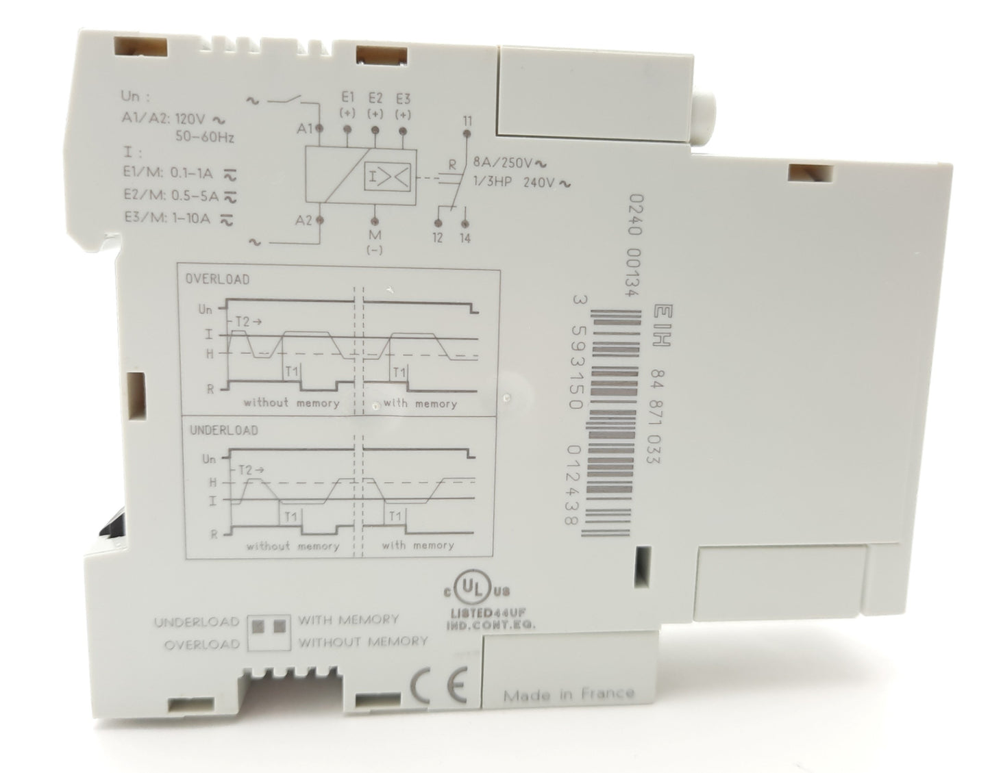 Used Crouzet EIH 84 871 033 Control Relay SPDT 0.1-10A, 100mA, 120VAC, 3VA DIN Rail