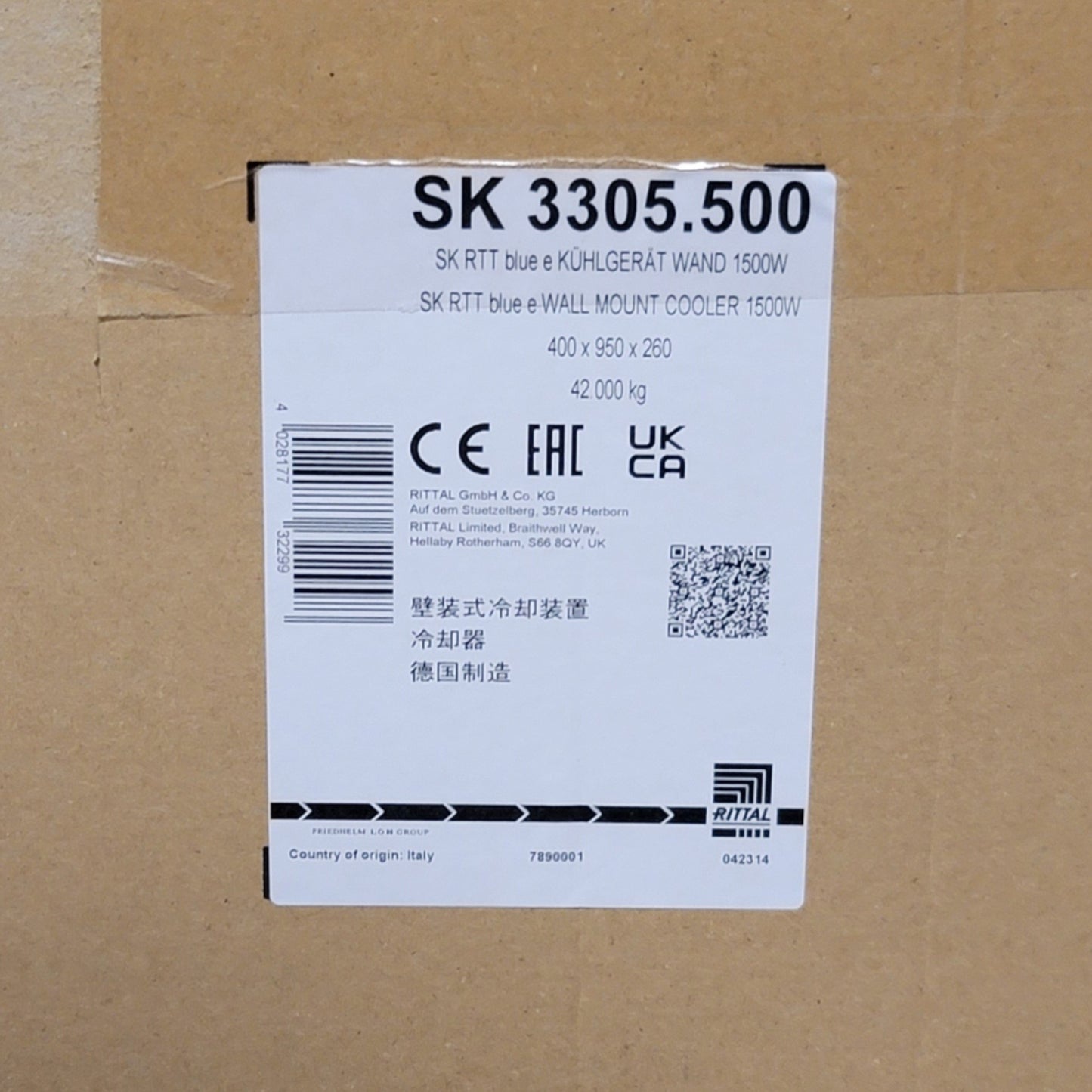 New Rittal SK 3305.500 TopTherm Wall Mounted Cooling Unit, 6005BTU/hr, 230VAC 1-Ph