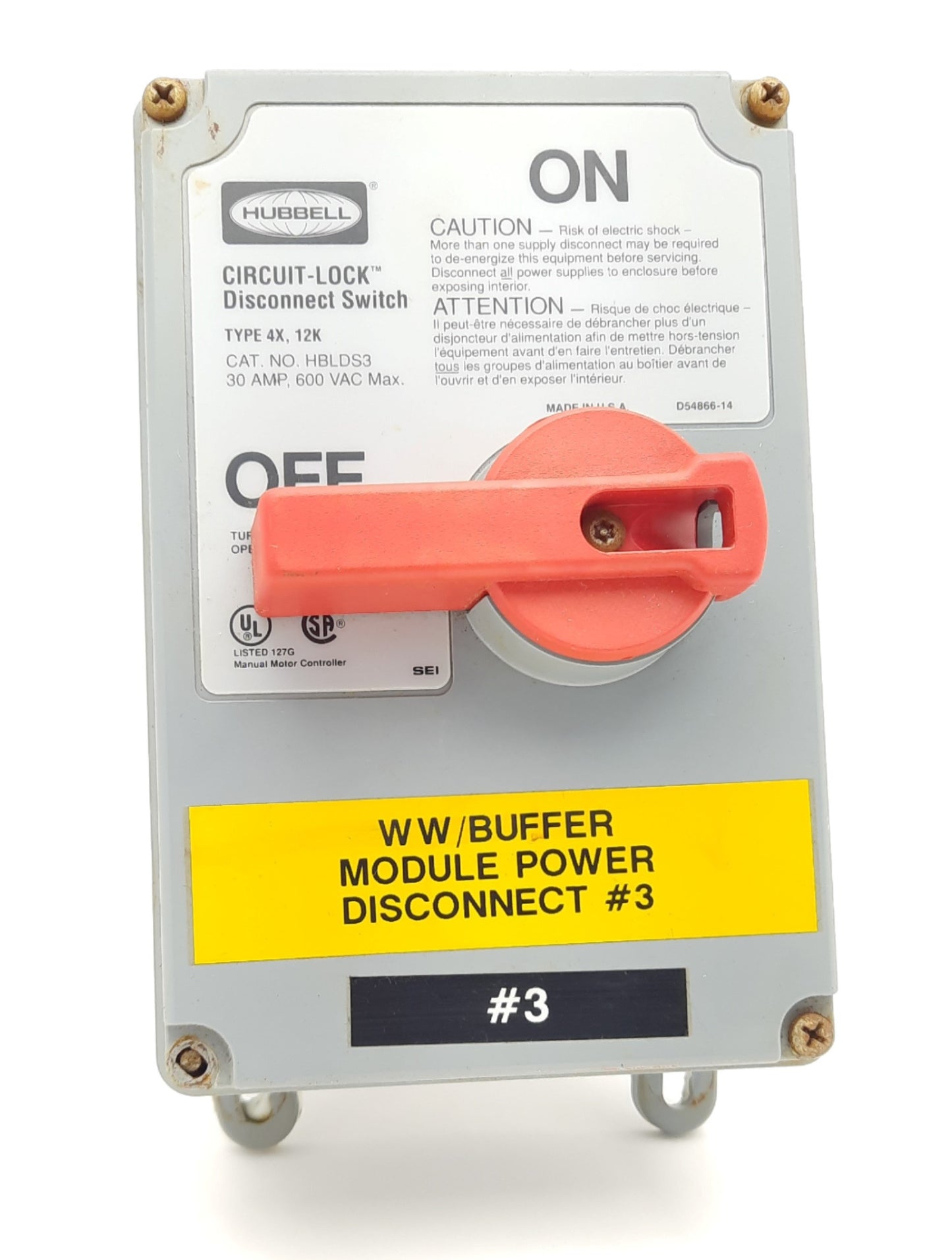 Used Hubbell HBLDS3 Circuit-Lock Disconnect Switch and Enclosure 3-Pole 600VAC 30A