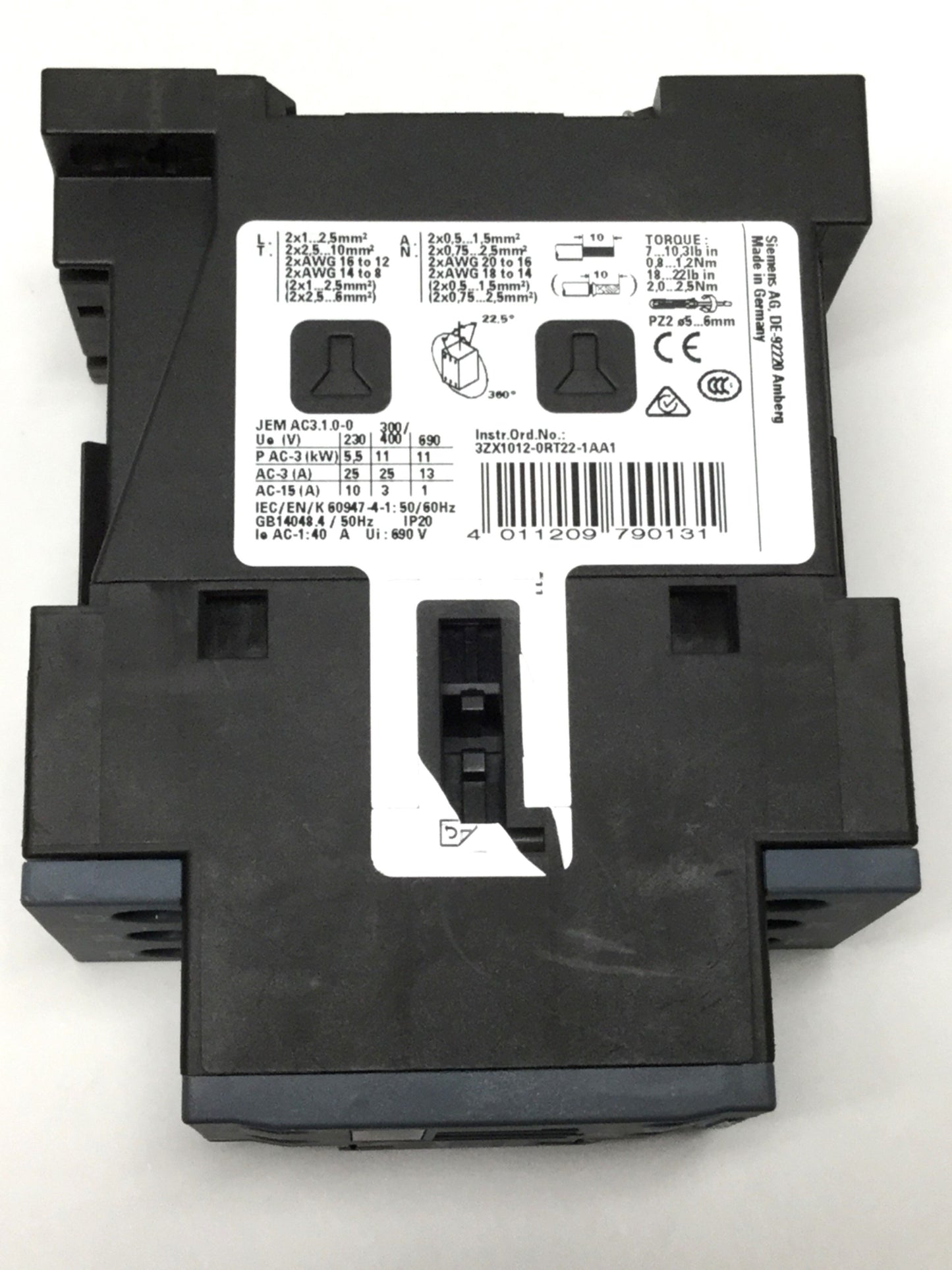 Used Siemens 3RT2026-1BB40 SIRIUS Power Contactor 600VAC, 40A, 3-Pole+1NO-1NC, 24VDC