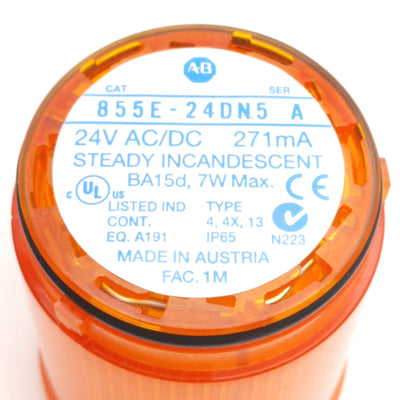 Used Allen Bradley 855E-24DN5 Incandescent 50mm Stack Light, Steady, Amber, No Bulb
