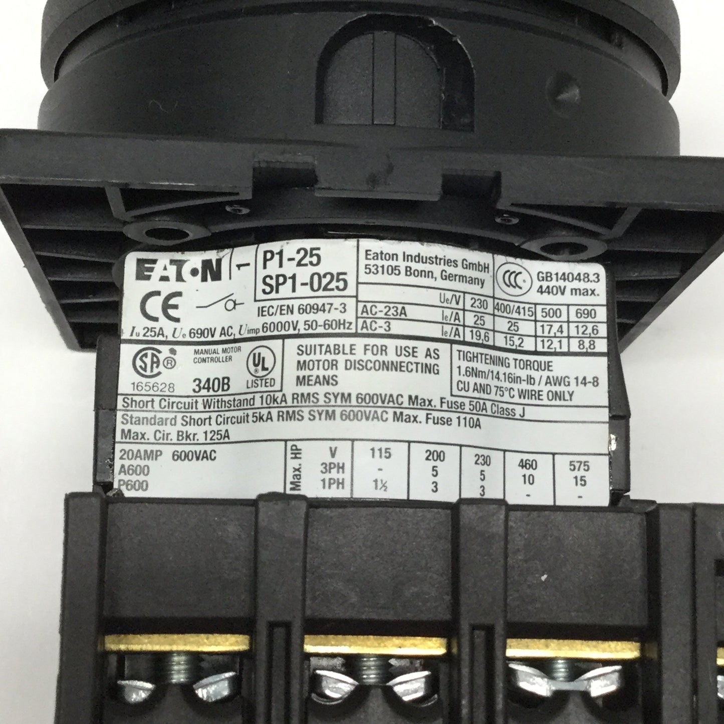 Used Eaton P1-25 SP1-025 ON-OFF Disconnect Switch, 3-Pole+N, 90° Throw, 600VAC 25A