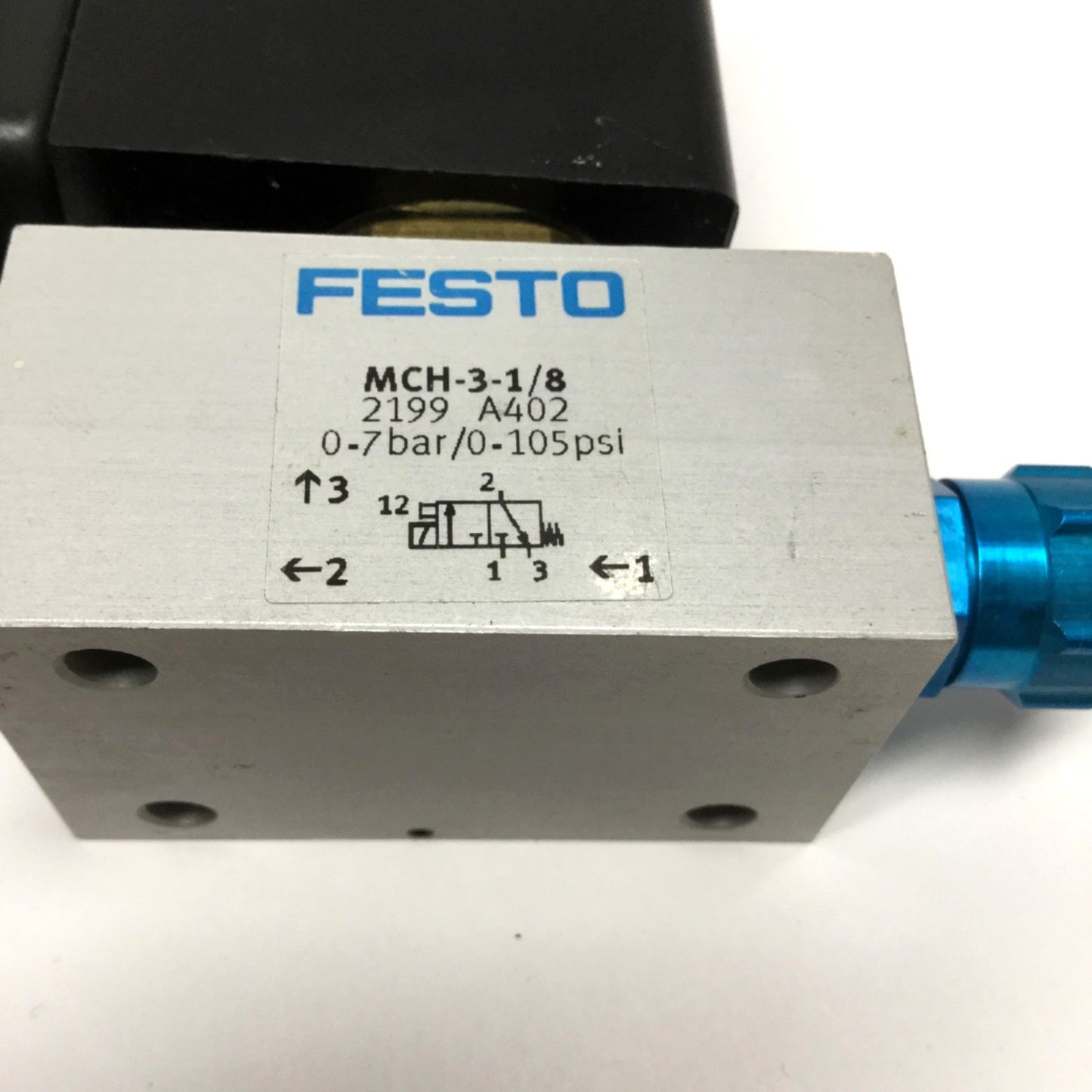 Used Festo MCH-3-1/8 2199 Solenoid Valve, 3-Way 2-Pos, 24VDC, G1/8 Ports, 105psi