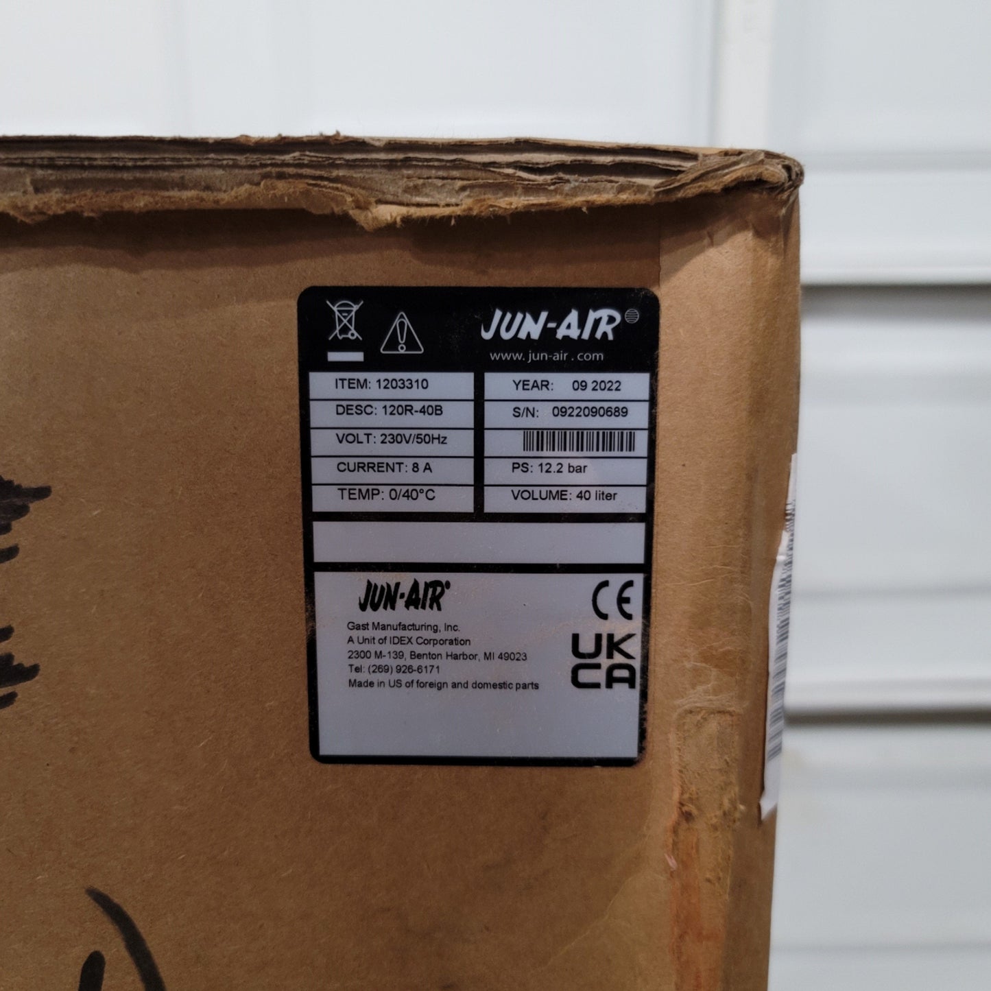 New JUN-AIR 1203310 120R-40B Rocking Piston Compressor 2HP 5.5CFM 120psi Max 230VAC