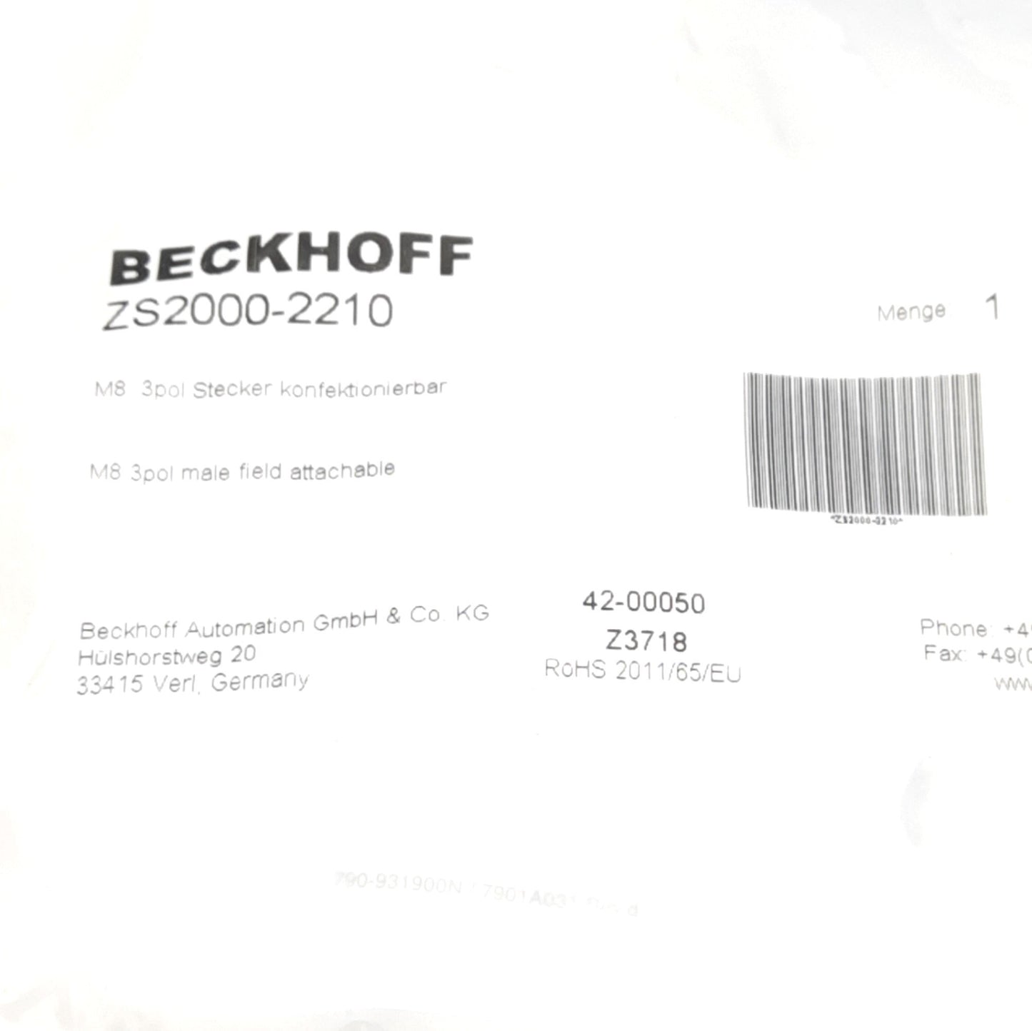 New Lot of 5 Beckhoff ZS2000-2210 Plug Field Assembly 3-Pin M8 Male, 60V 4A