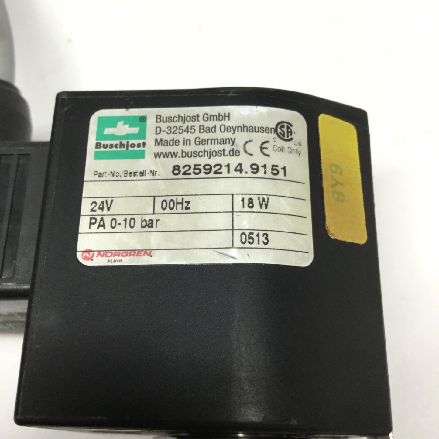 Used Buschjost Norgren 8259214.9151 Solenoid Coil from Diaphragm Valve 24VDC