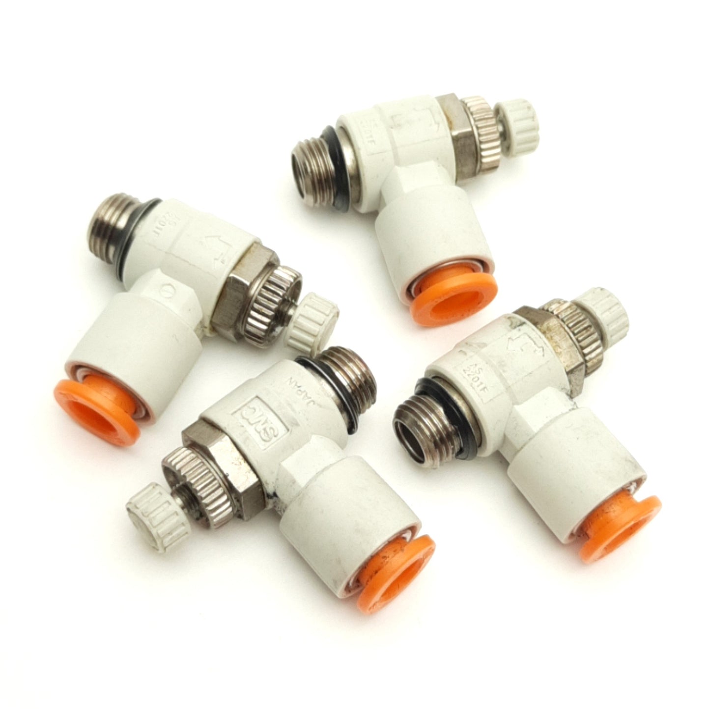 Used Lot of 4 SMC AS2201F-U01-07 Elbow Speed Control Fitting, 1/8 Uni to 1/4" Tube