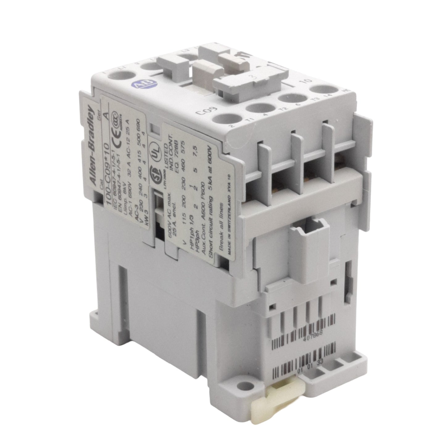 Used Allen Bradley 100-C09D10 Motor Contactor Relay 25A, 3-Pole +1NO, 110/120VAC Coil