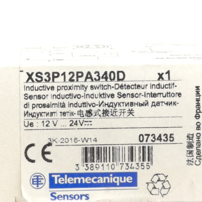 New – Open box Telemecanique XS3P12PA340D Inductive Proximity Sensor, M12 x 1, 12-24VDC, 1NO