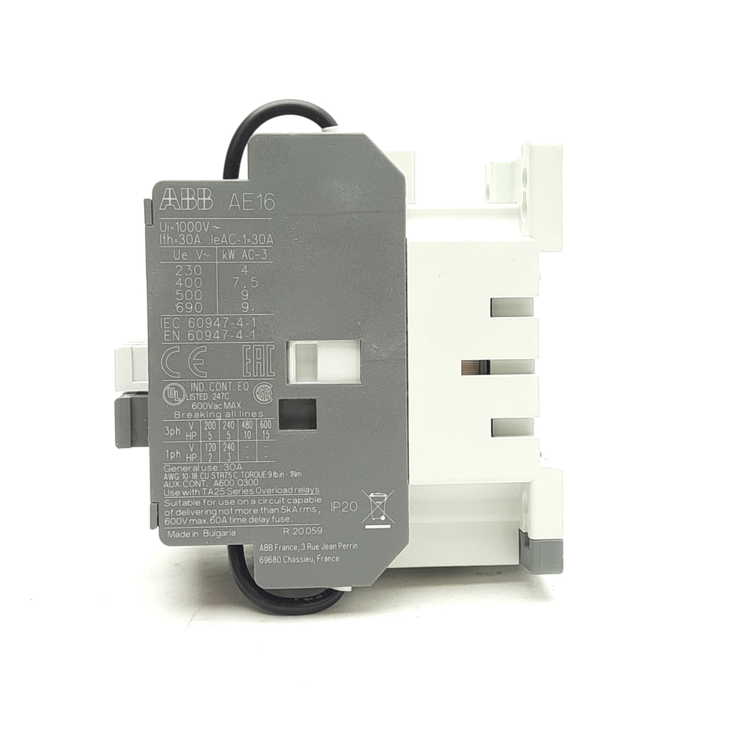 New ABB AE16-30-00-81 Contactor, 3-Poles, 3 NO, 600V 30A, DIN Rail, 24VDC Coil