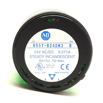 Used Allen Bradley 855T-B24DN3 Green Incandescent Stack Light Module, 24V, 70mm
