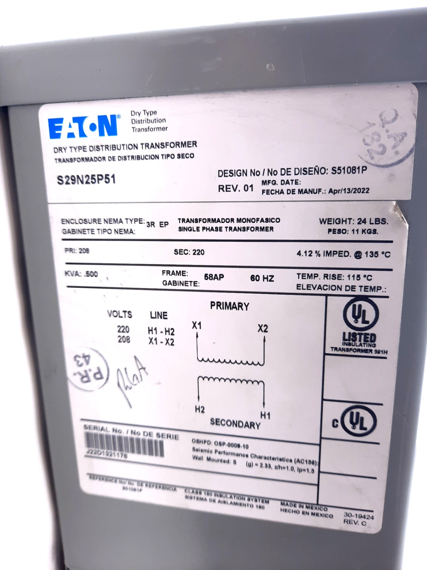 New Eaton S29N25P51 Dry Type Distribution Transformer 208-220V, 58AP Frame, 220 Sec