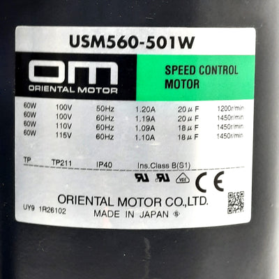 Oriental Motor USM560-501W Speed Control Motor, 100-115VAC, 60W, 1450rpm