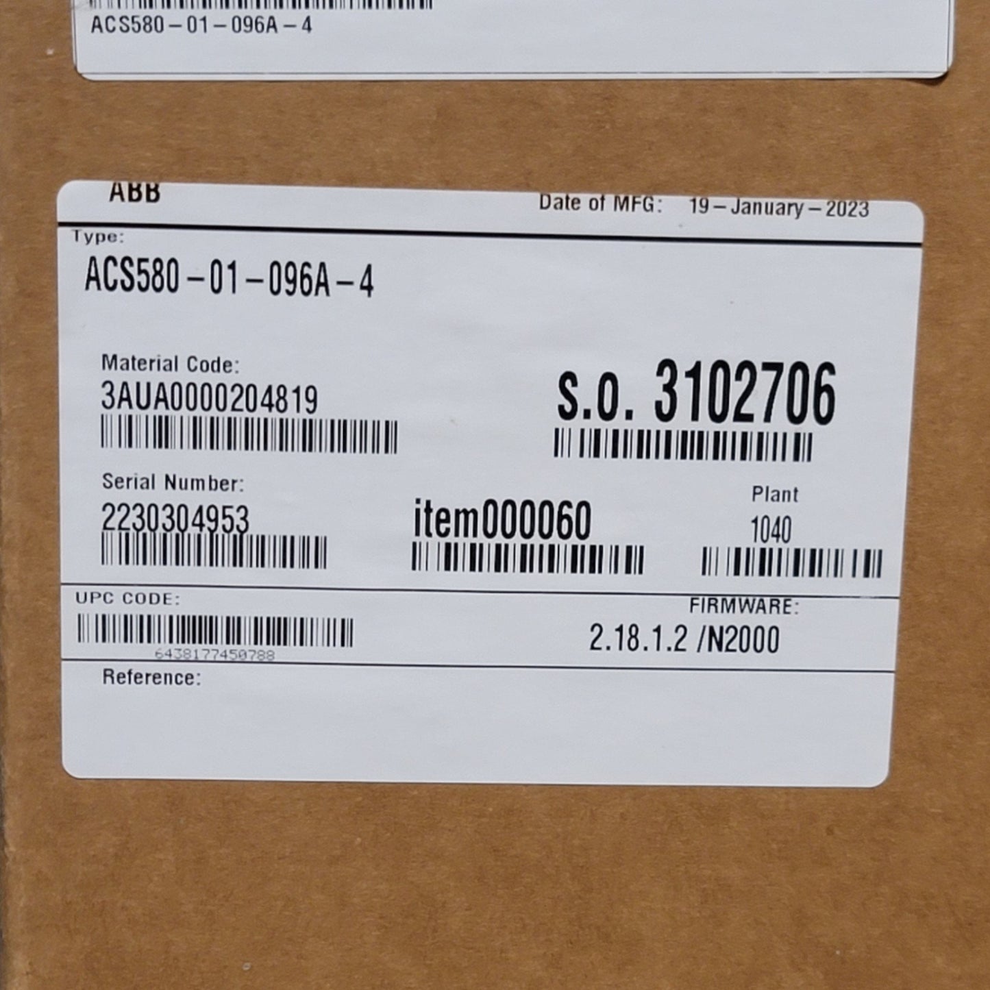 New ABB ACS580-01-096A-4 Variable Frequency Drive 75HP, 380-500VAC 3-Phase, 96A